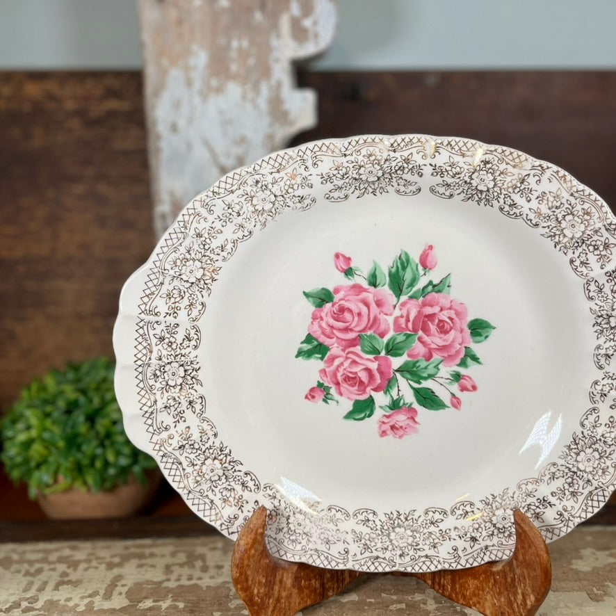 Vintage Sebring Rose Platter w/22c. Gold Embellishments