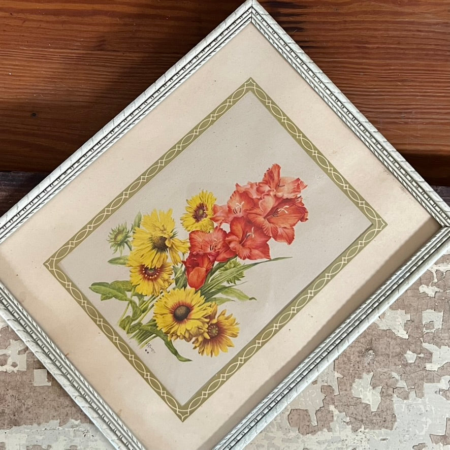 Vintage 8x10 Flower Print in White & Gold Frame