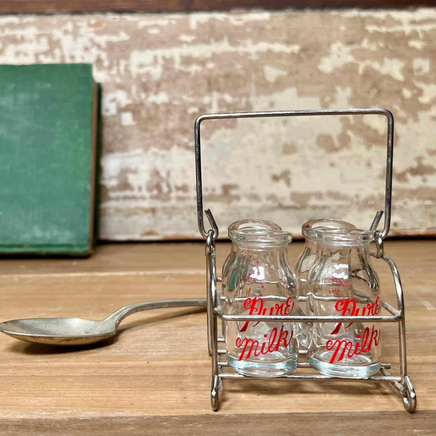 Vintage Mini Milk Jugs w/ Wire Carrier - Sparrow and Finch Vintage