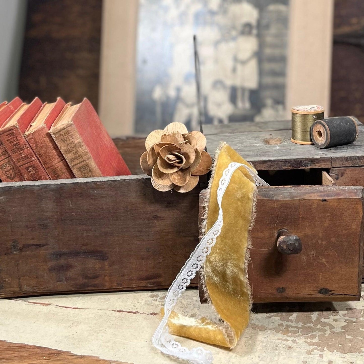 Primitive Hand-Made Wood Box w/ Drawer - Sparrow and Finch Vintage