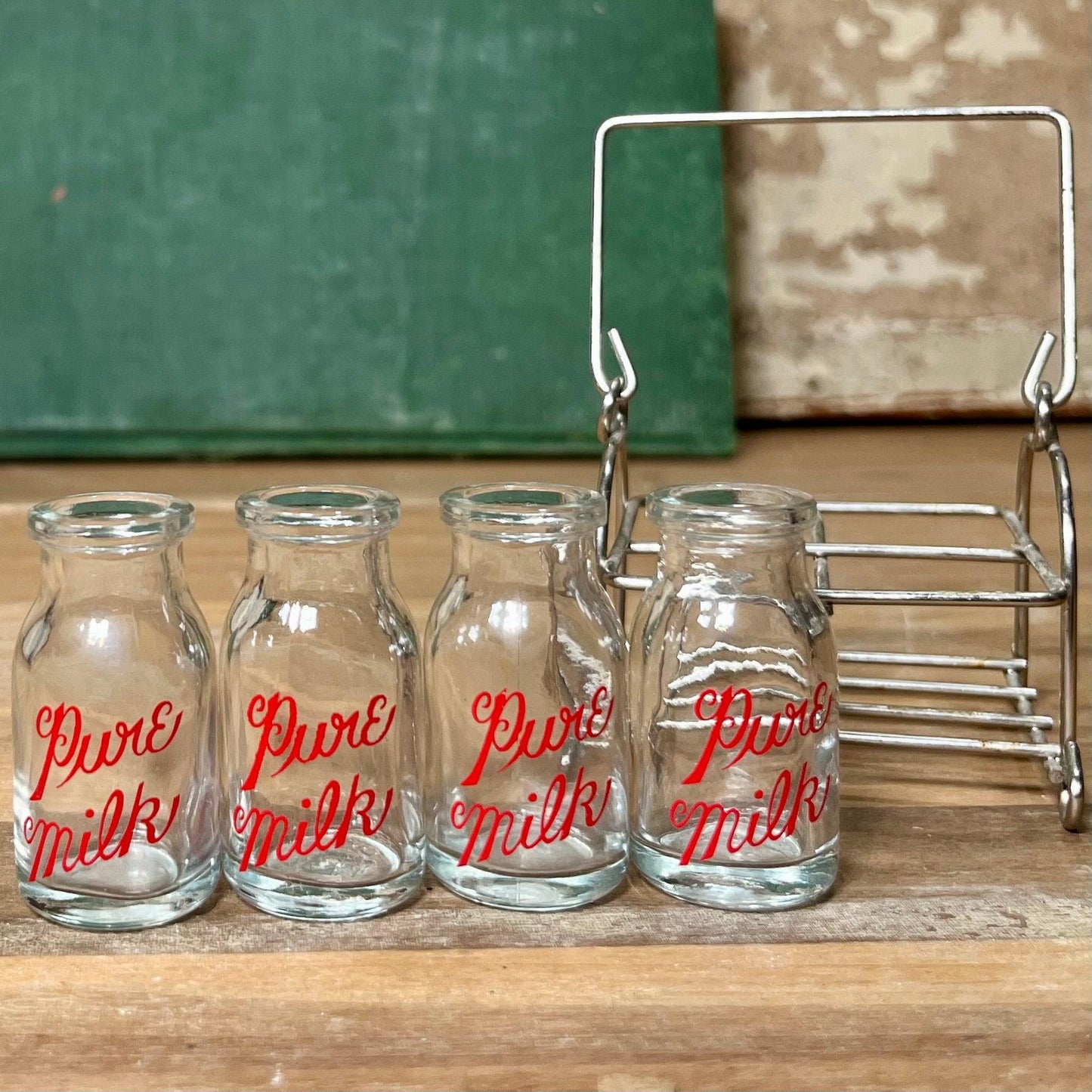 Vintage Mini Milk Jugs w/ Wire Carrier - Sparrow and Finch Vintage