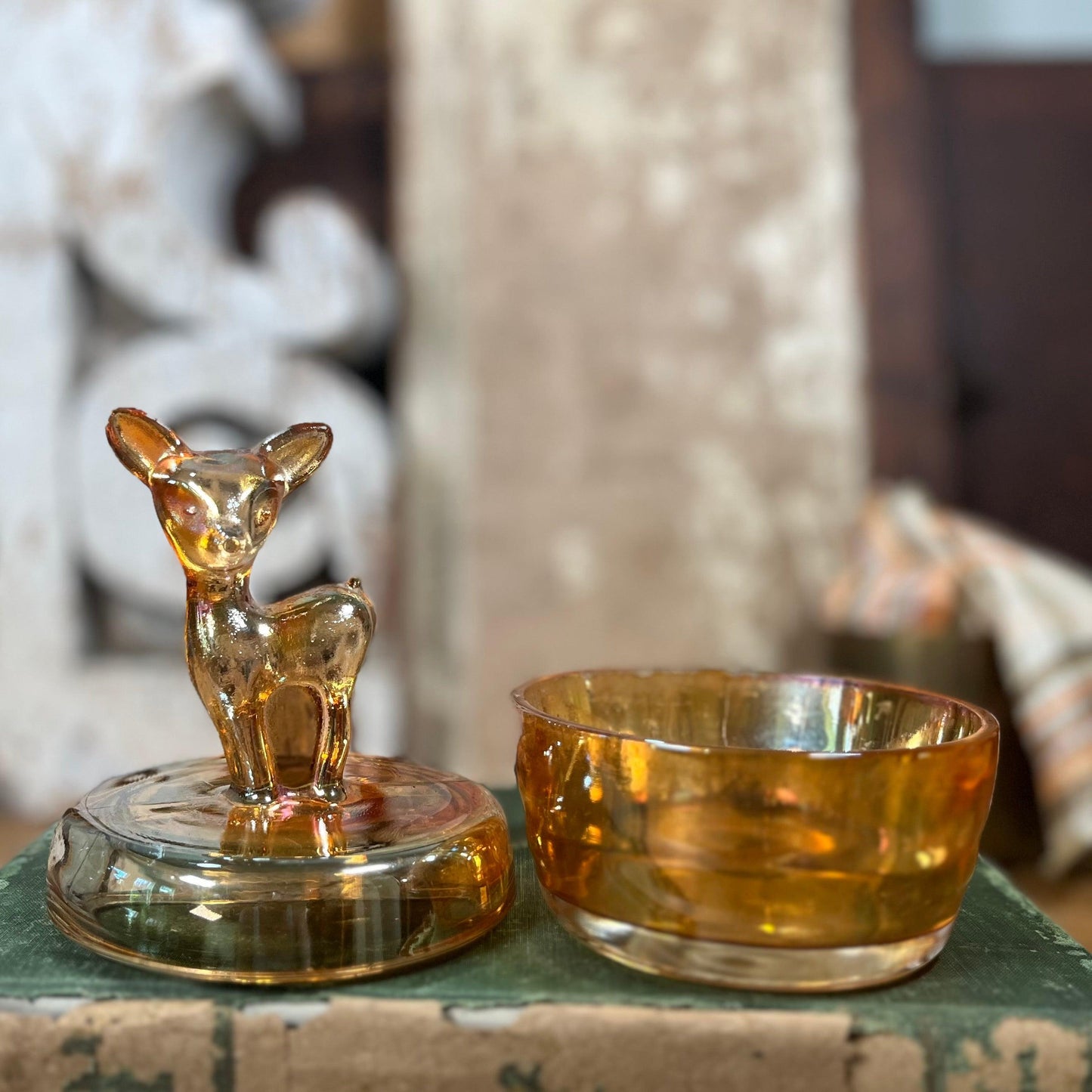 Marigold Carnival Glass Fawn Trinket Dish - Sparrow and Finch Vintage