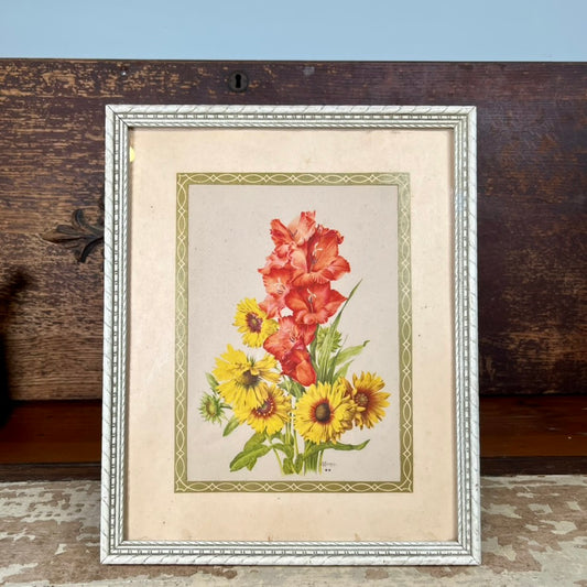 Vintage 8x10 Flower Print in White & Gold Frame